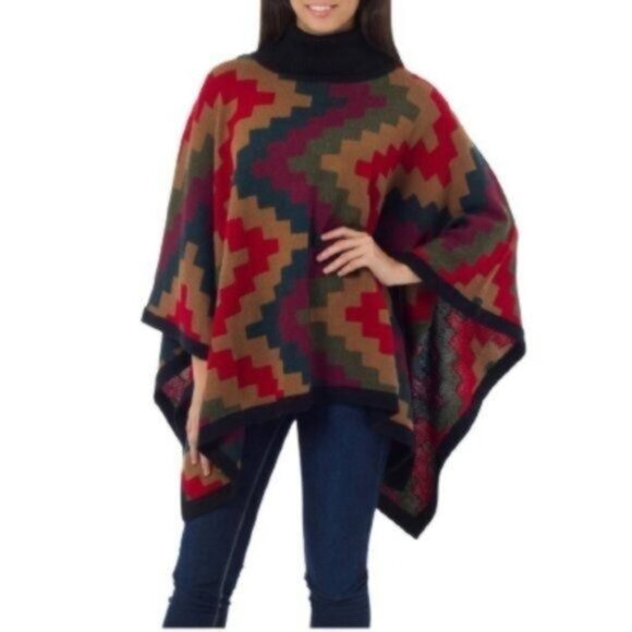 Novica | Alpaca Wool Blend Pyramids Geometric Pattern Earth Tone Sweater Poncho - Picture 1 of 6